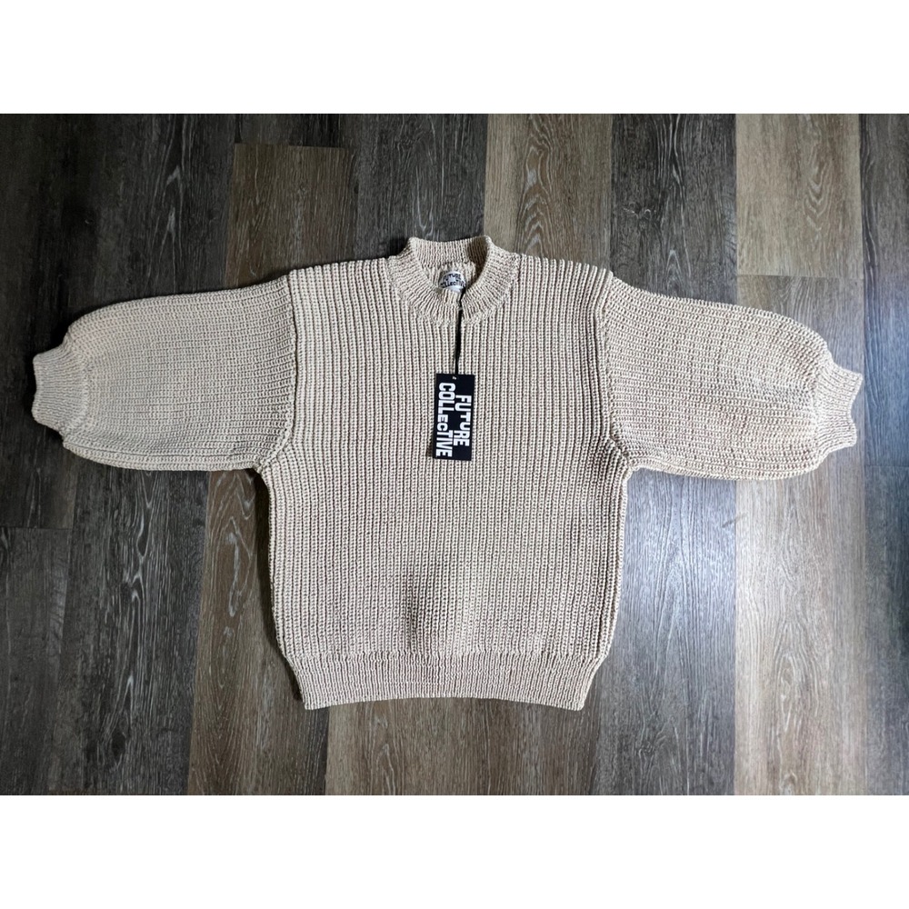 Future Collective Knit Sweater Womens L Beige Mock Neck Balloon Sleeve Pullover